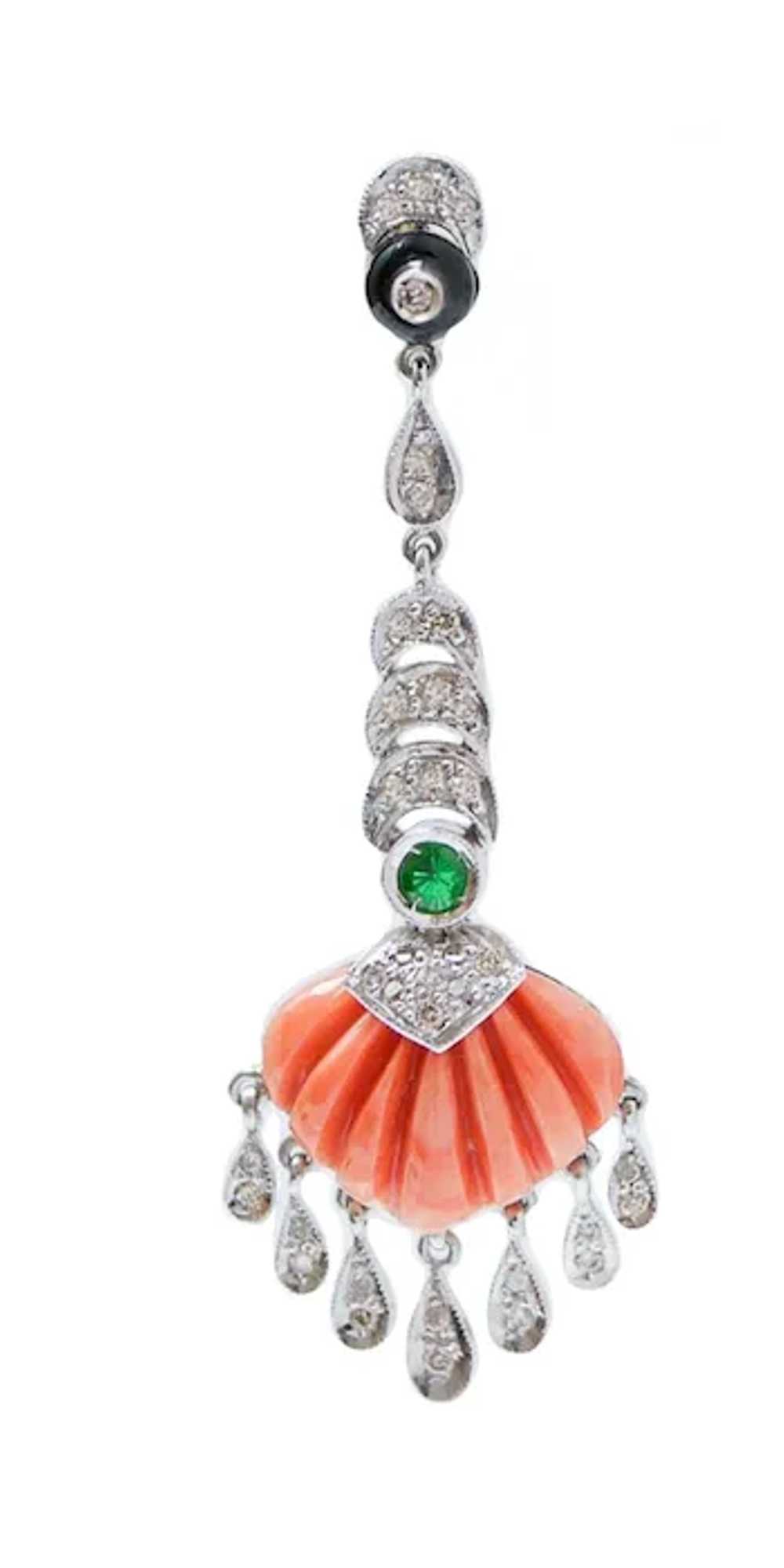 Coral, Onyx, Tsavorite, Diamonds, 900 Platinum Ea… - image 2