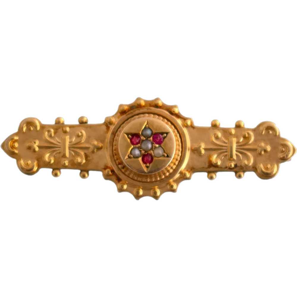 Antique Ruby and Seed Pearl Bar Brooch - image 1