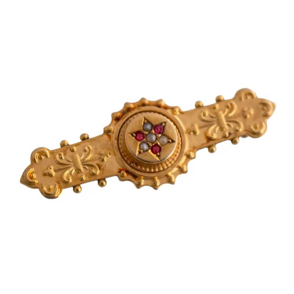 Antique Ruby and Seed Pearl Bar Brooch - image 2