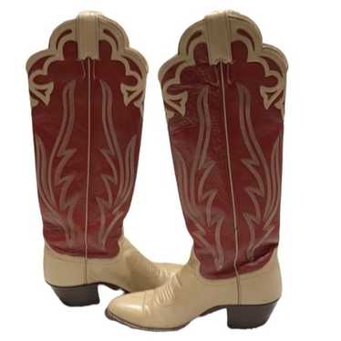 JUSTIN BOOTS TALL RED TAUPE LEATHER COWGIRL BOOTS