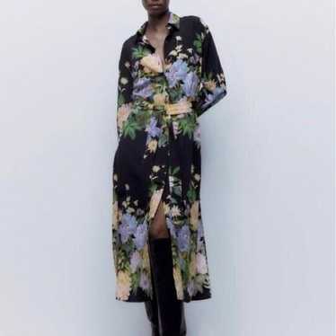 Black floral print midi shirt dress with belt - image 1