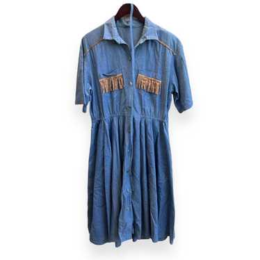 VTG Denim Cowgirl Fringe Midi Dress Size L - image 1