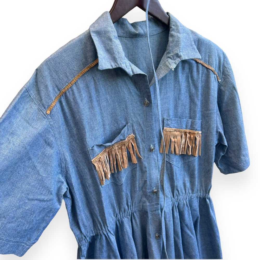 VTG Denim Cowgirl Fringe Midi Dress Size L - image 3