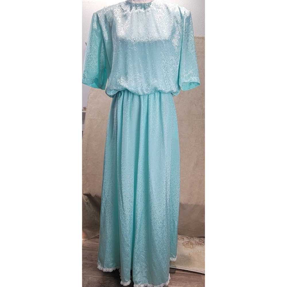 1970's Handmade Aqua Green Half Sleeve Satin Maxi… - image 1