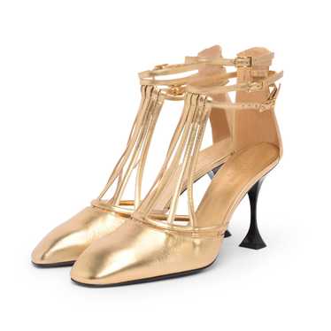 Chanel Gold Metallic Calfskin T-Strap Badge Pumps… - image 1