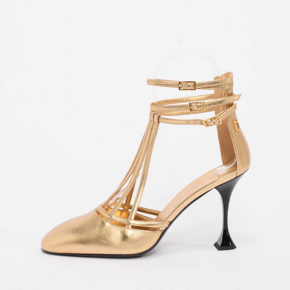 Chanel Gold Metallic Calfskin T-Strap Badge Pumps… - image 2