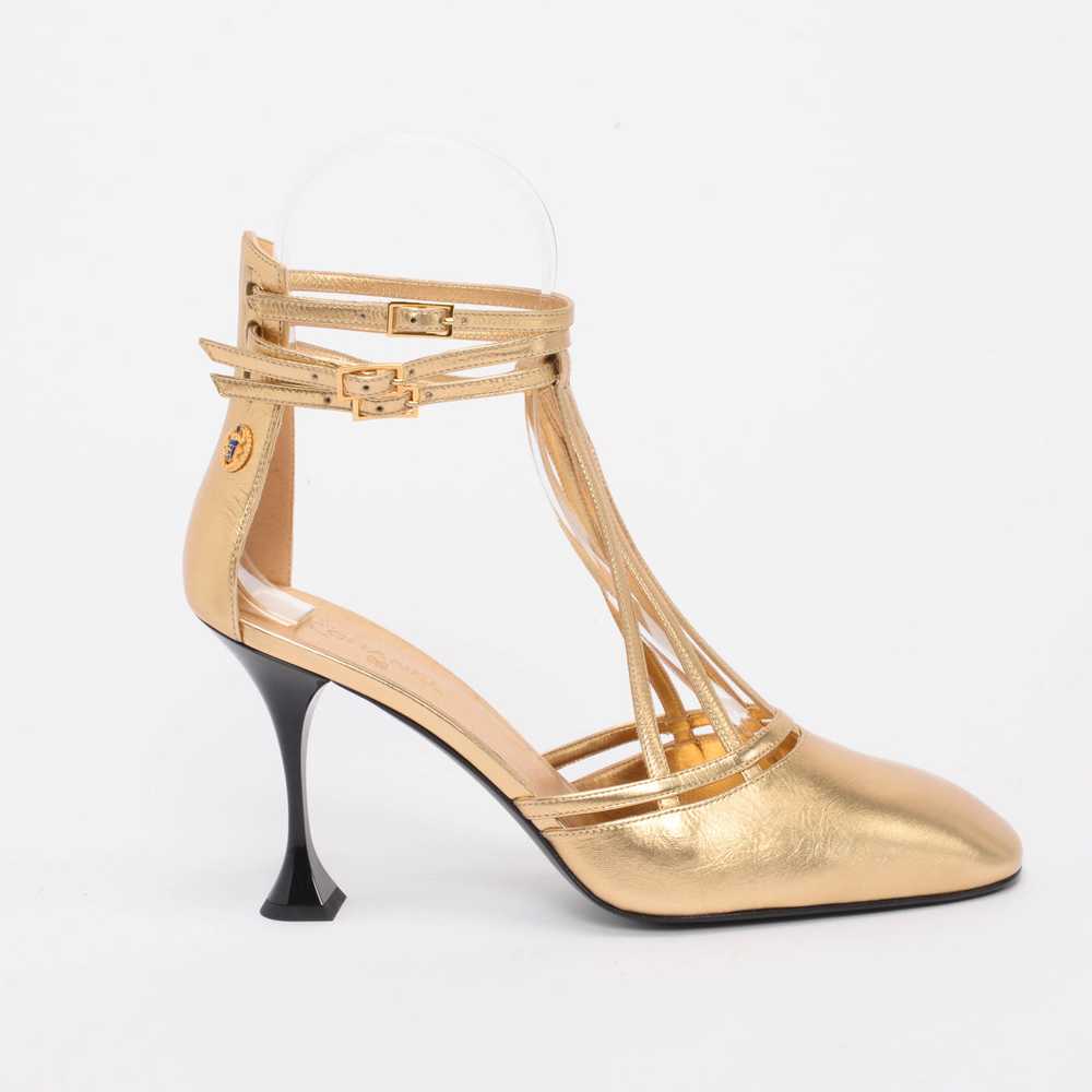 Chanel Gold Metallic Calfskin T-Strap Badge Pumps… - image 3