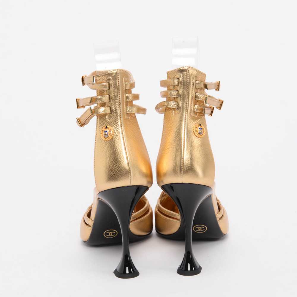 Chanel Gold Metallic Calfskin T-Strap Badge Pumps… - image 4