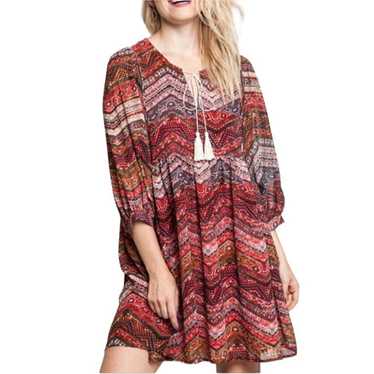 UMGEE Tie Front Red Aztec Mix Print Boho Babydoll 