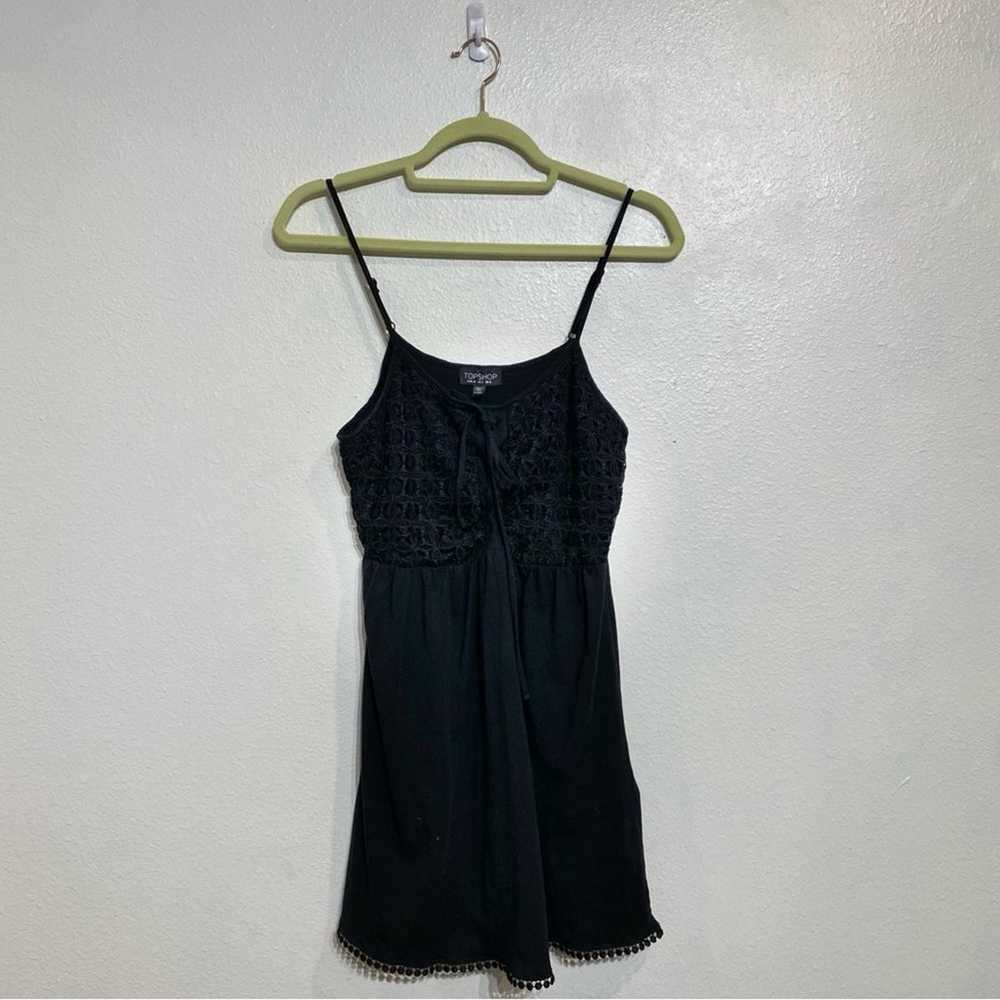 Topshop Black Embroidered Lace Up Mini Dress Sz 2 - image 1