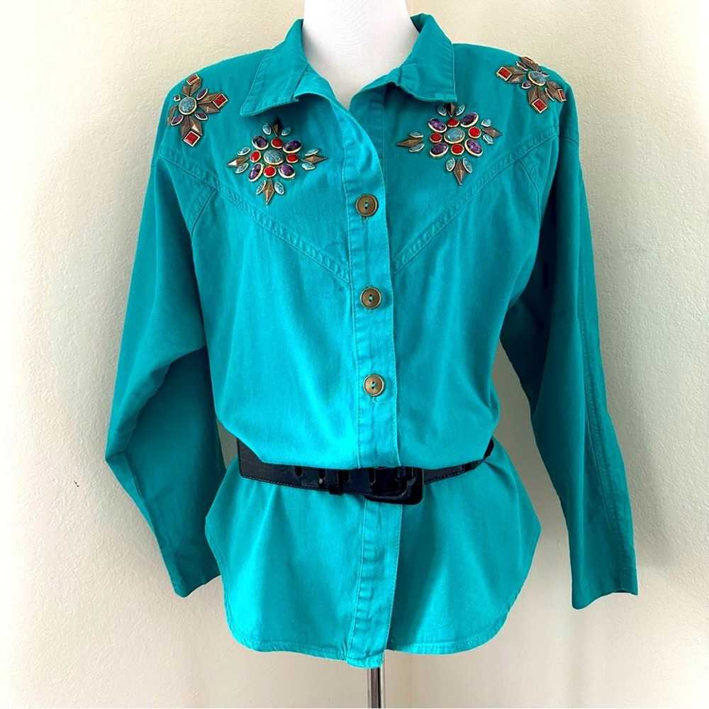 Vintage Aqua Denim Western Chic Beaded Jean Blous… - image 1