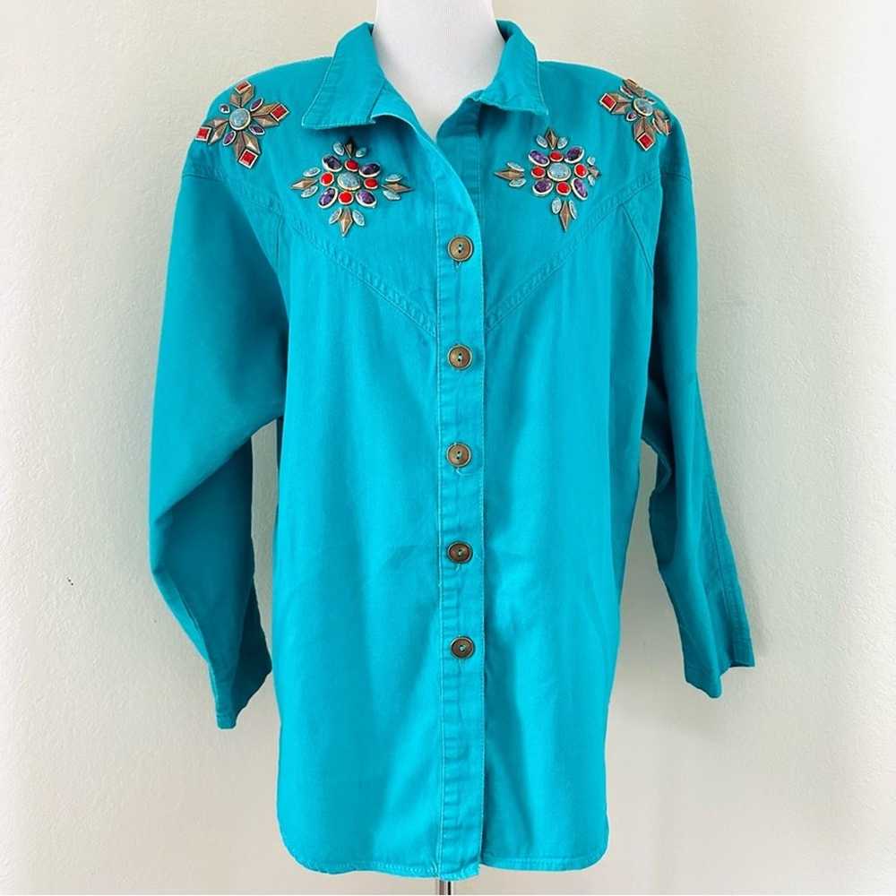 Vintage Aqua Denim Western Chic Beaded Jean Blous… - image 2