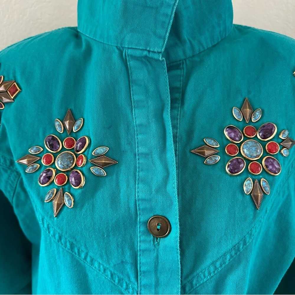 Vintage Aqua Denim Western Chic Beaded Jean Blous… - image 4