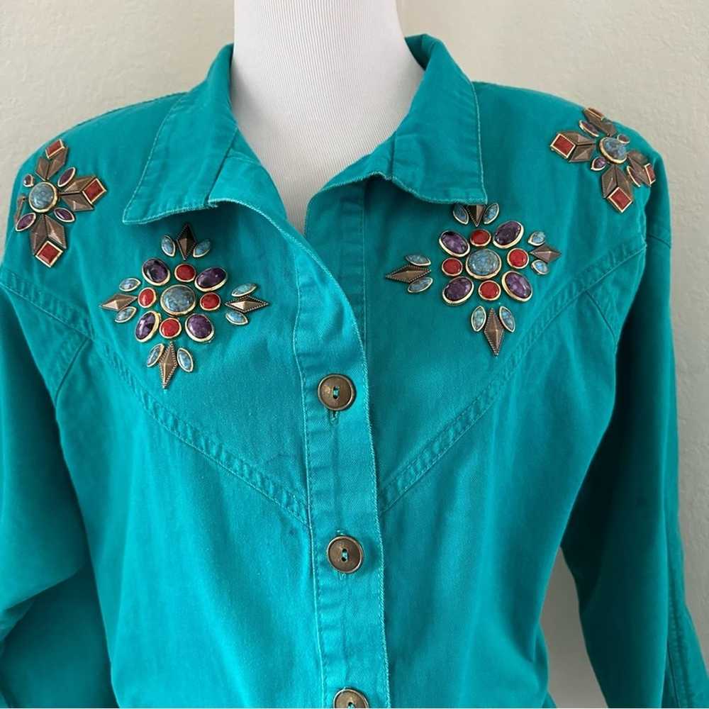 Vintage Aqua Denim Western Chic Beaded Jean Blous… - image 5