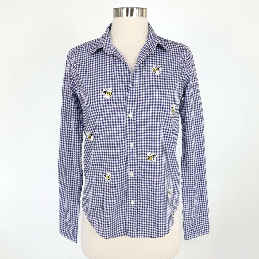 Frank & Eileen Gingham Bees Poplin Button Up Blue… - image 1