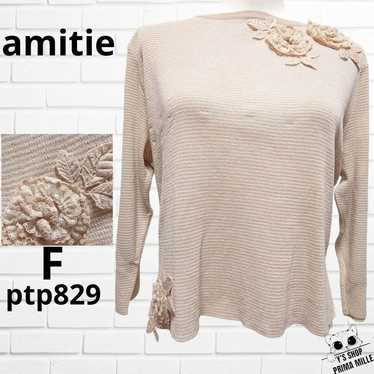 amitie Tops Cut-and-Sew Border Beige Corsage Ptp8… - image 1