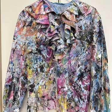 Vintage art painted frilled collar blouse, vintag… - image 1