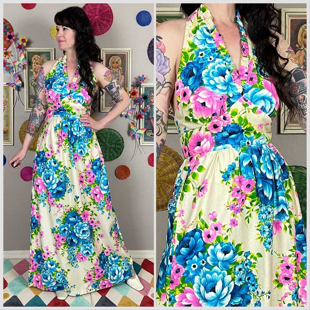 Vintage 1970s Pink & Blue Floral Cotton Open Back… - image 1