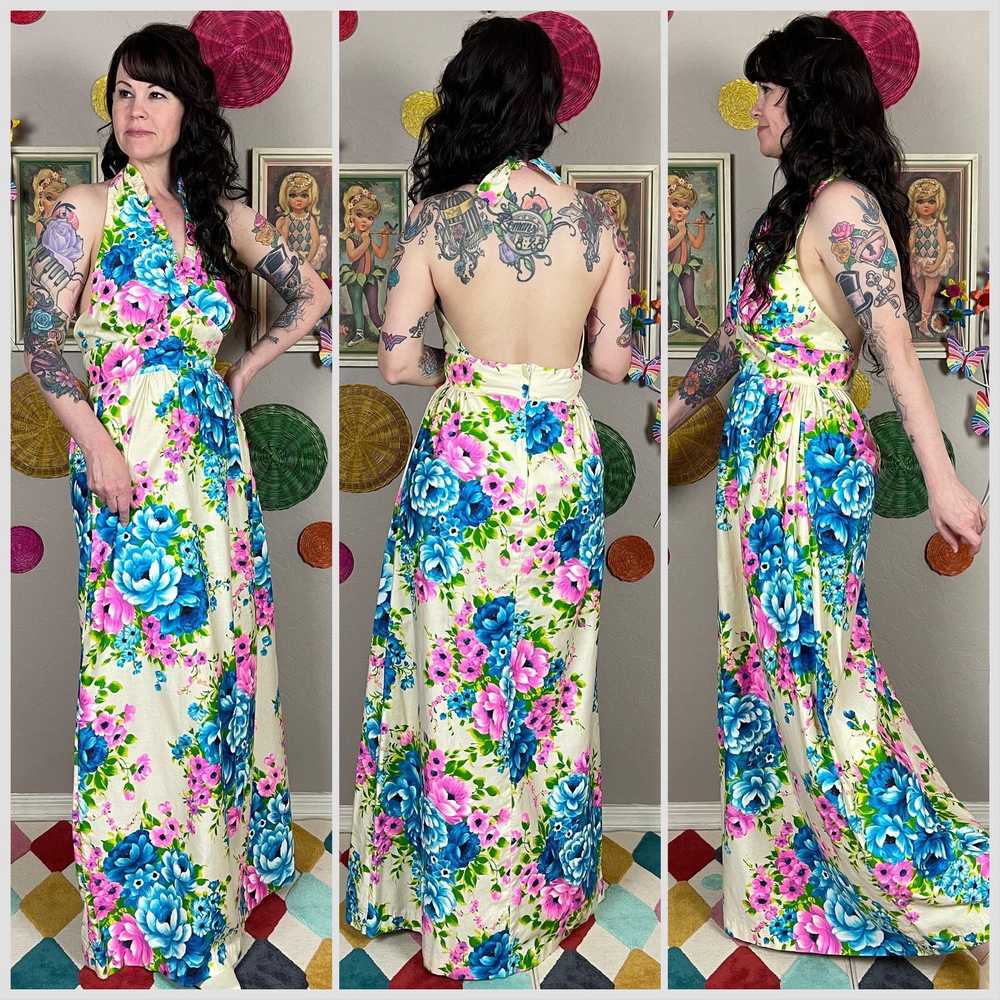 Vintage 1970s Pink & Blue Floral Cotton Open Back… - image 2