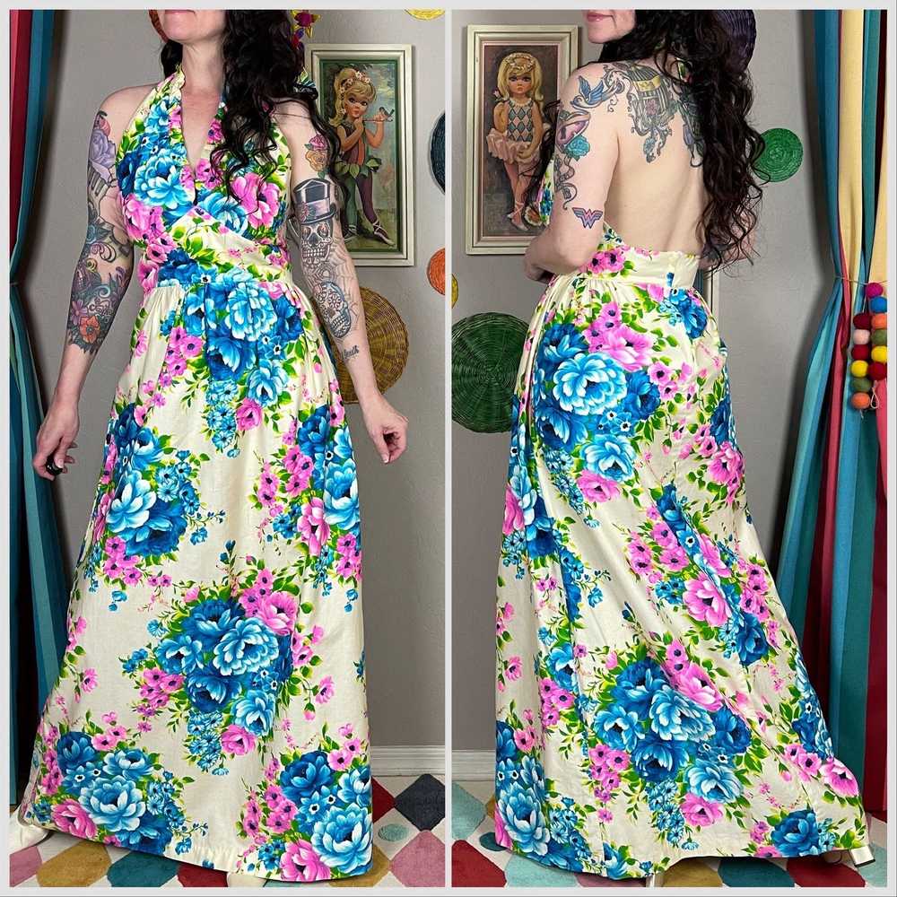 Vintage 1970s Pink & Blue Floral Cotton Open Back… - image 3