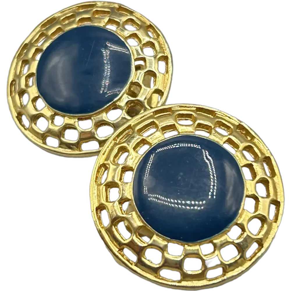 Vintage Clip On Earrings Gold Tone & Dark Blue En… - image 1