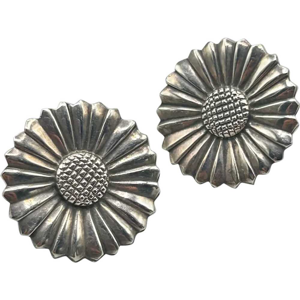 Vtg Sunflower Screw Back Earrings Sterling Silver… - image 1