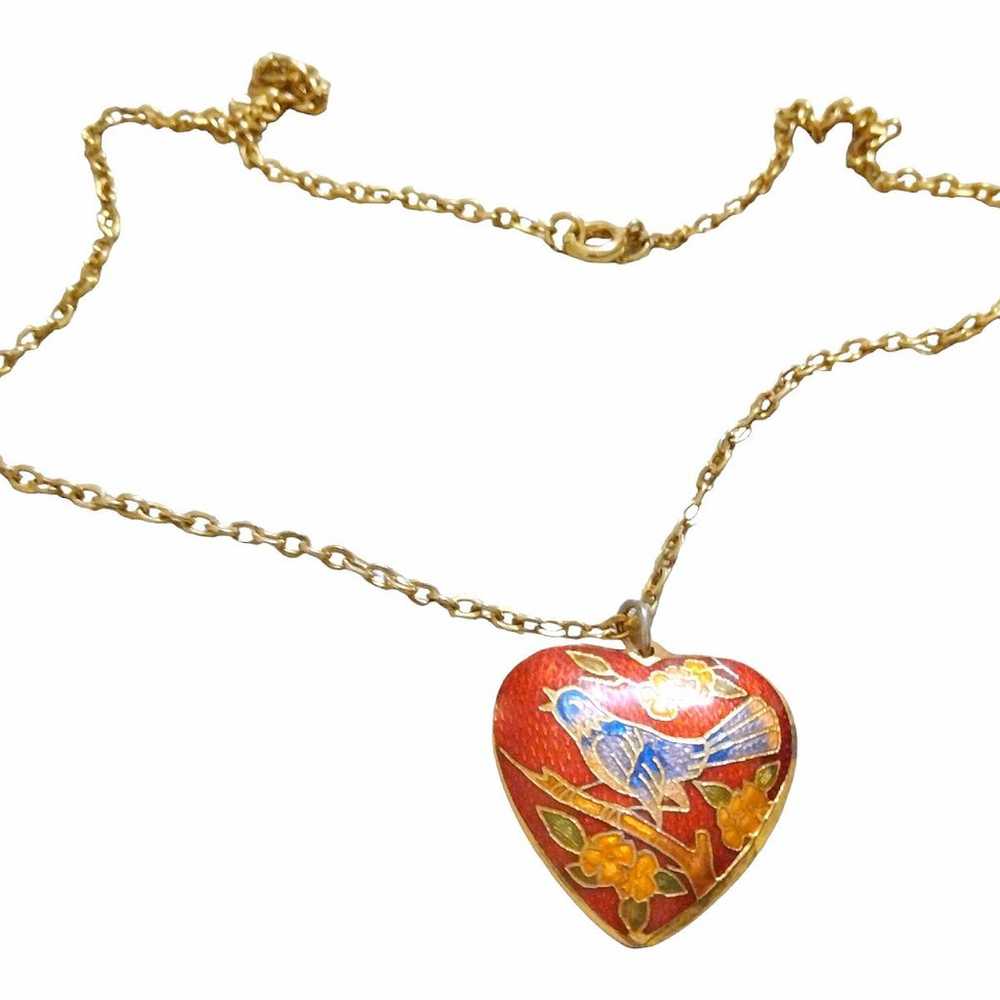 Cloisonne red Heart Bird Pendant Necklace 18" Vin… - image 1