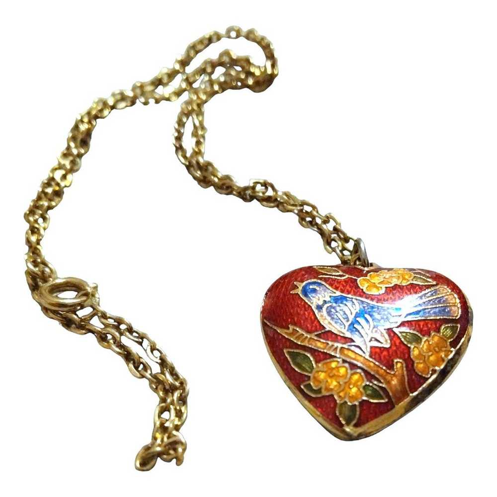 Cloisonne red Heart Bird Pendant Necklace 18" Vin… - image 2