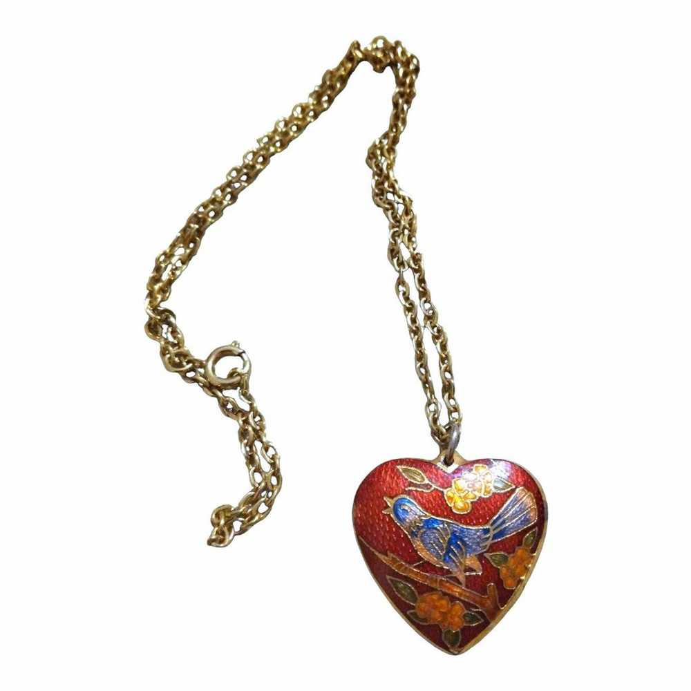 Cloisonne red Heart Bird Pendant Necklace 18" Vin… - image 3