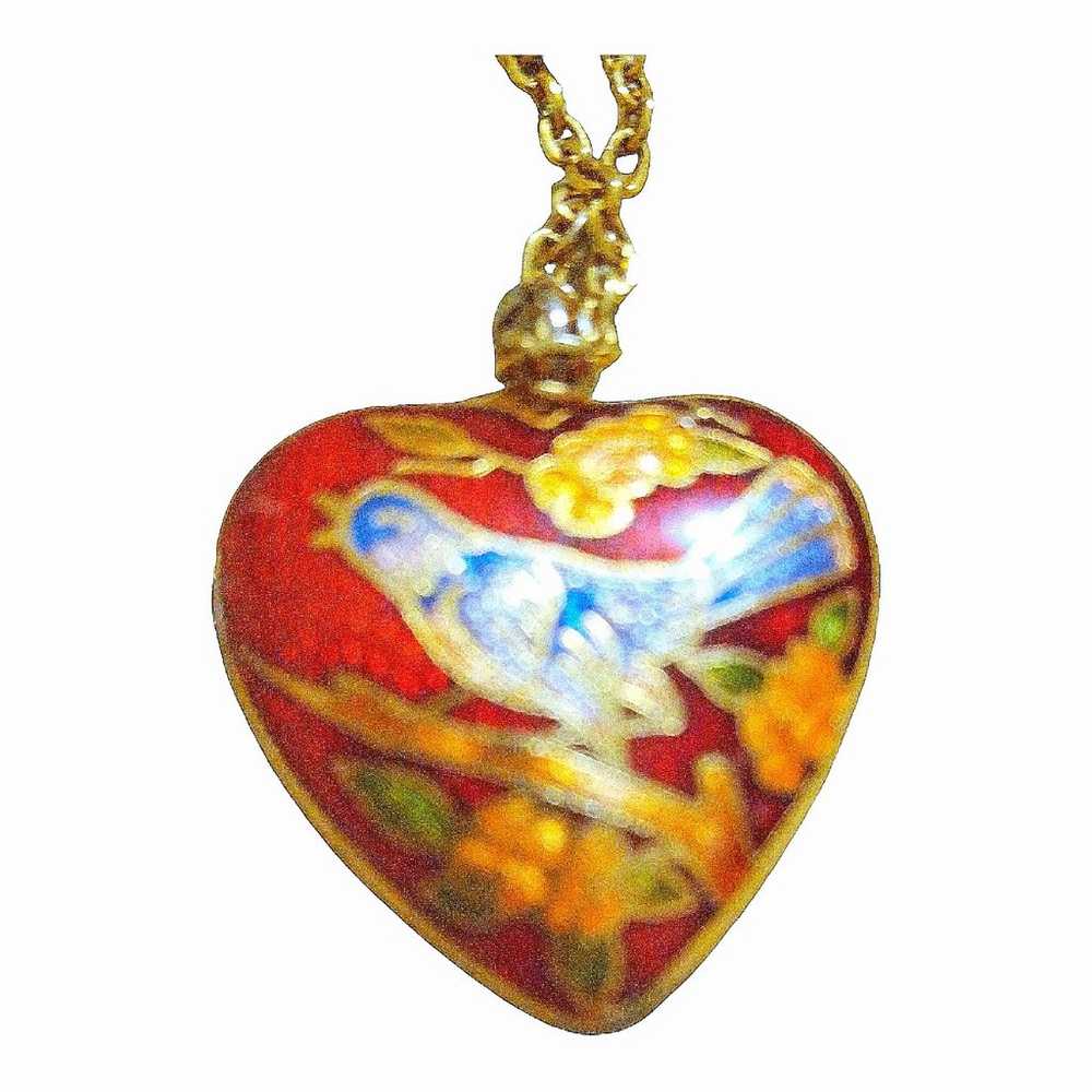 Cloisonne red Heart Bird Pendant Necklace 18" Vin… - image 4