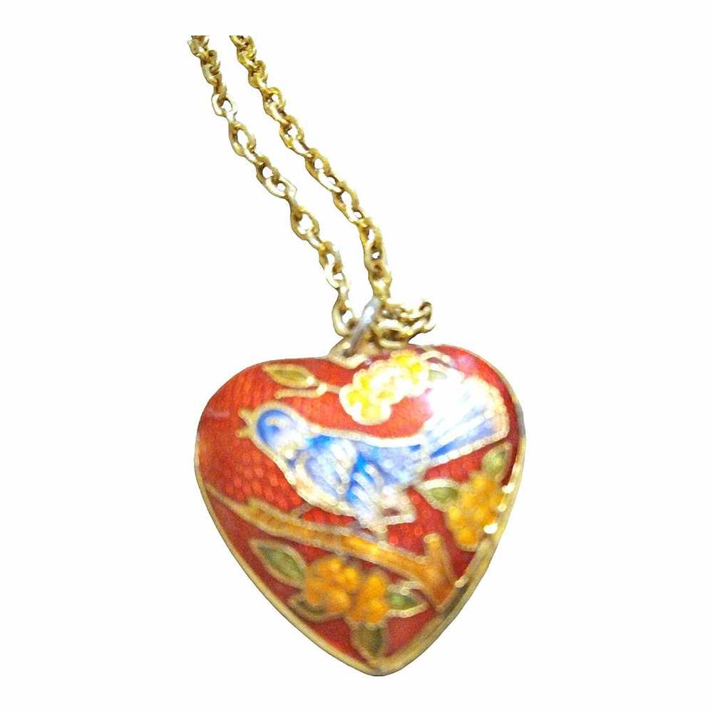 Cloisonne red Heart Bird Pendant Necklace 18" Vin… - image 5