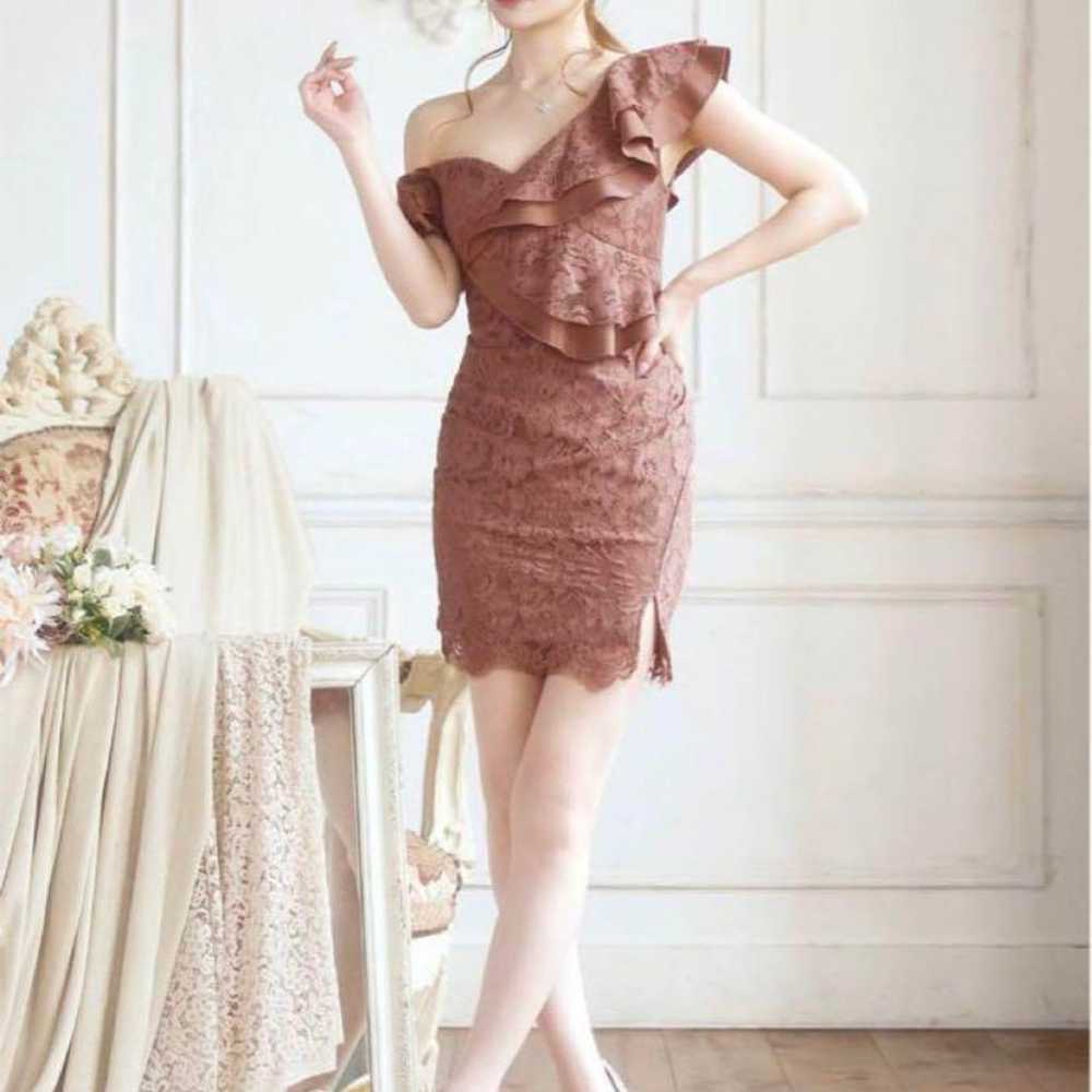 One-shoulder flower all-lace frill tight mini dre… - image 2