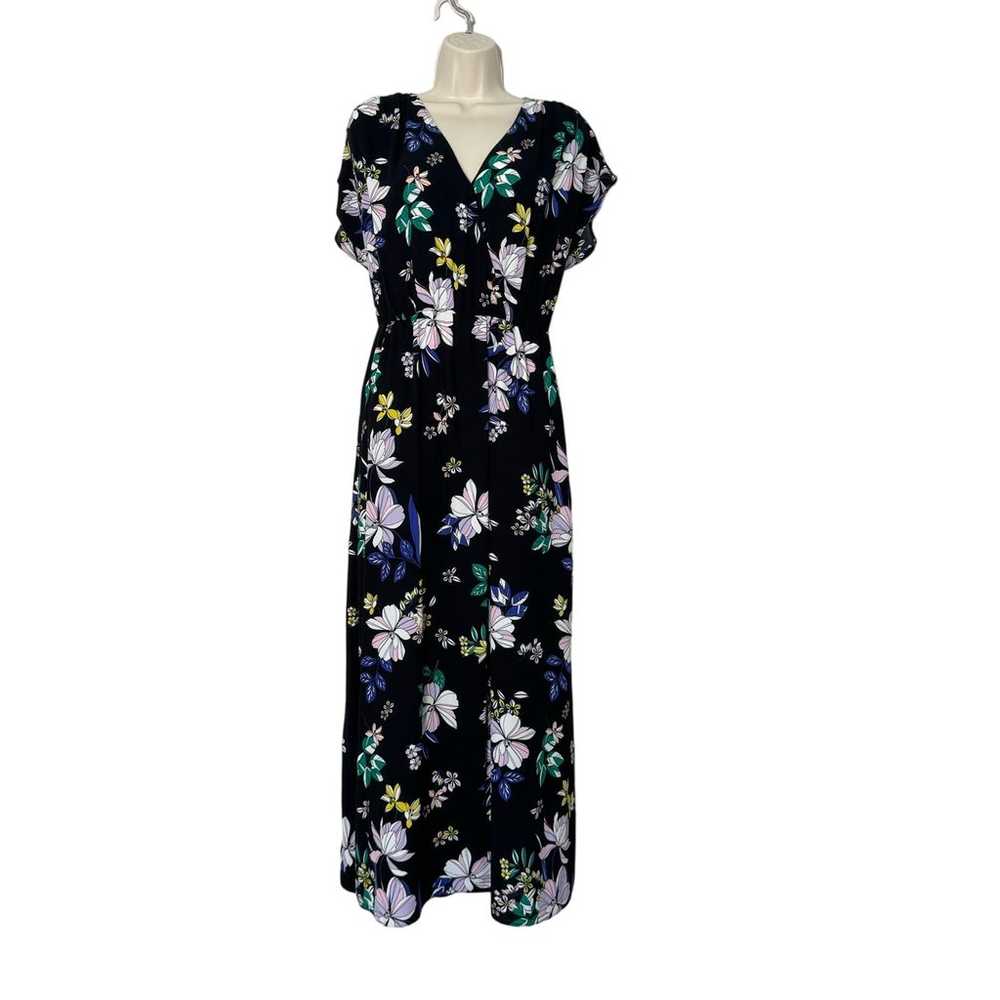 Halogen Black Floral Faux Wrap Midi Dress Size S - image 1