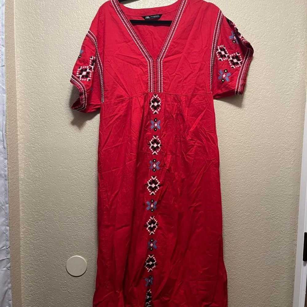 ZARA red embroidered poplin tunic midi dress M - image 1