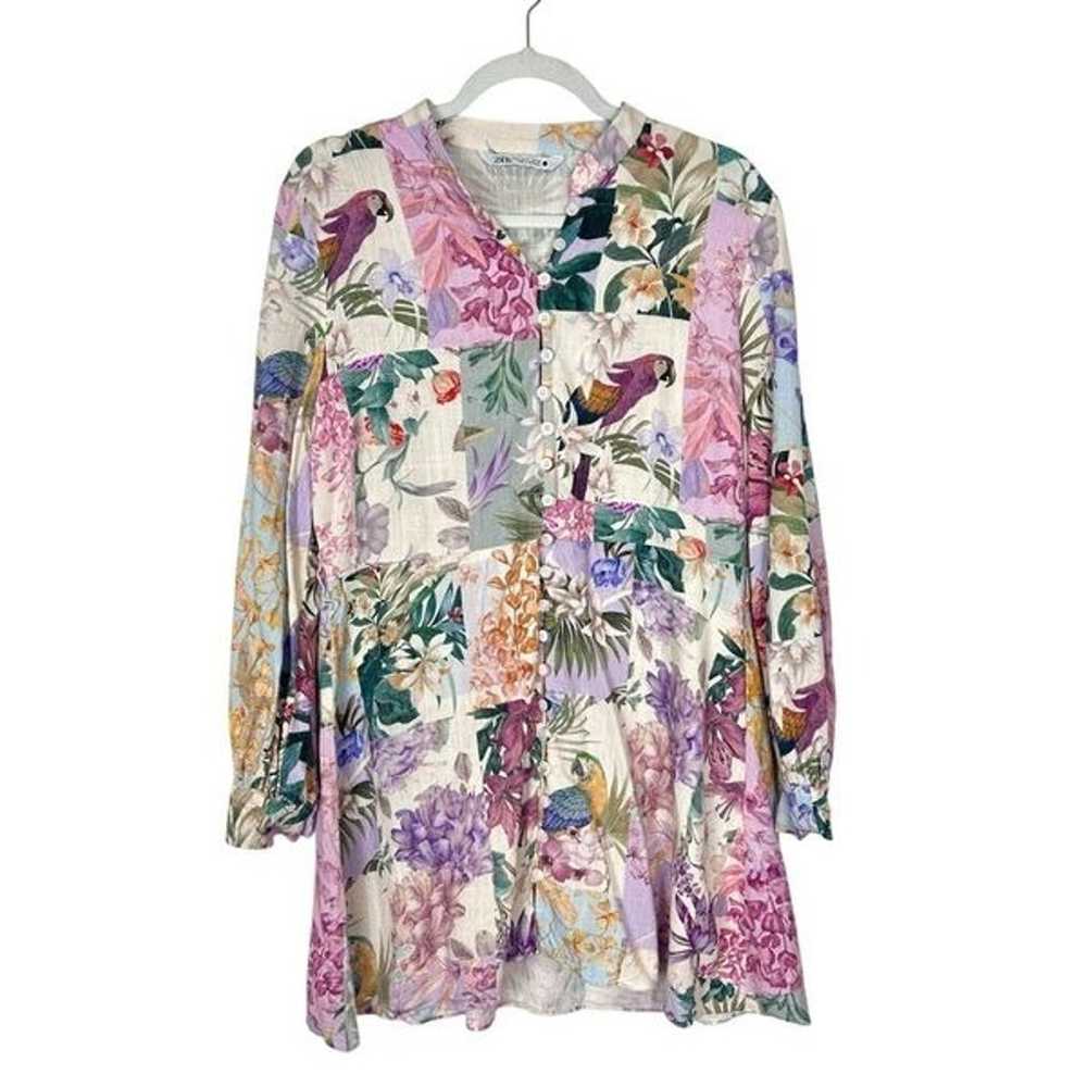 Zara Dress Large Purple Parrot Floral Linen Butto… - image 2