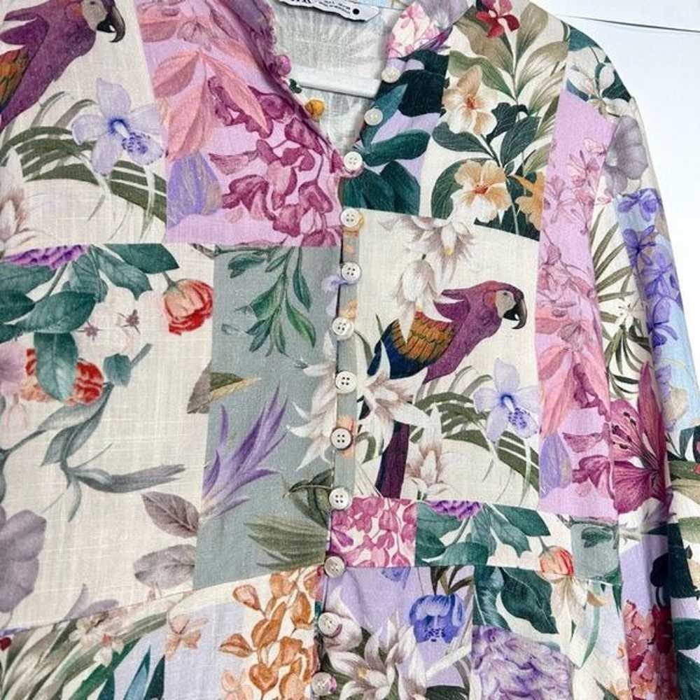 Zara Dress Large Purple Parrot Floral Linen Butto… - image 5