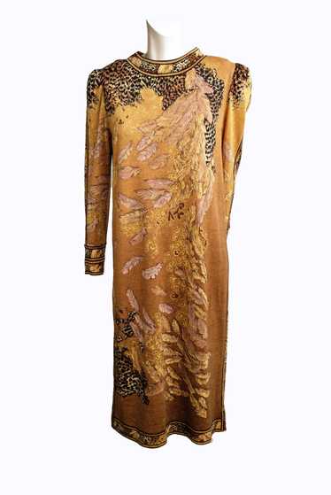 Leonard Studio 1980s Vintage Gold Jersey Dress wi… - image 1