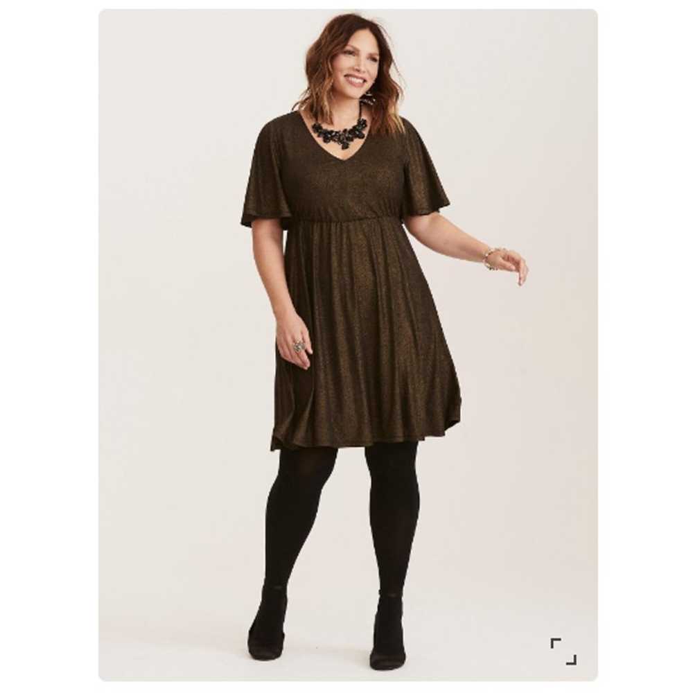 Torrid Gold Shimmer V-Neck Skater Dress Holiday F… - image 1