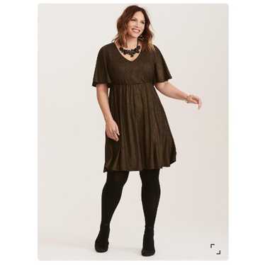 Torrid Gold Shimmer V-Neck Skater Dress Holiday F… - image 1