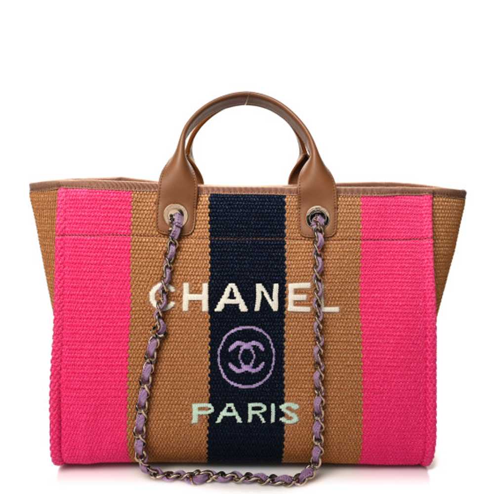 CHANEL Straw Raffia Calfskin Striped Medium Deauv… - image 1