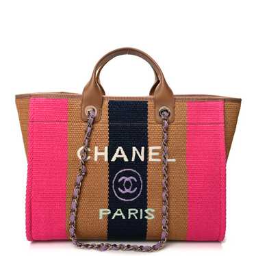 CHANEL Straw Raffia Calfskin Striped Medium Deauv… - image 1