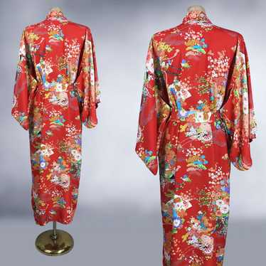 70s Vintage Bold Red Rayon Japanese Kimono Robe w… - image 1