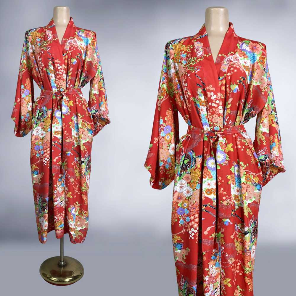 70s Vintage Bold Red Rayon Japanese Kimono Robe w… - image 3