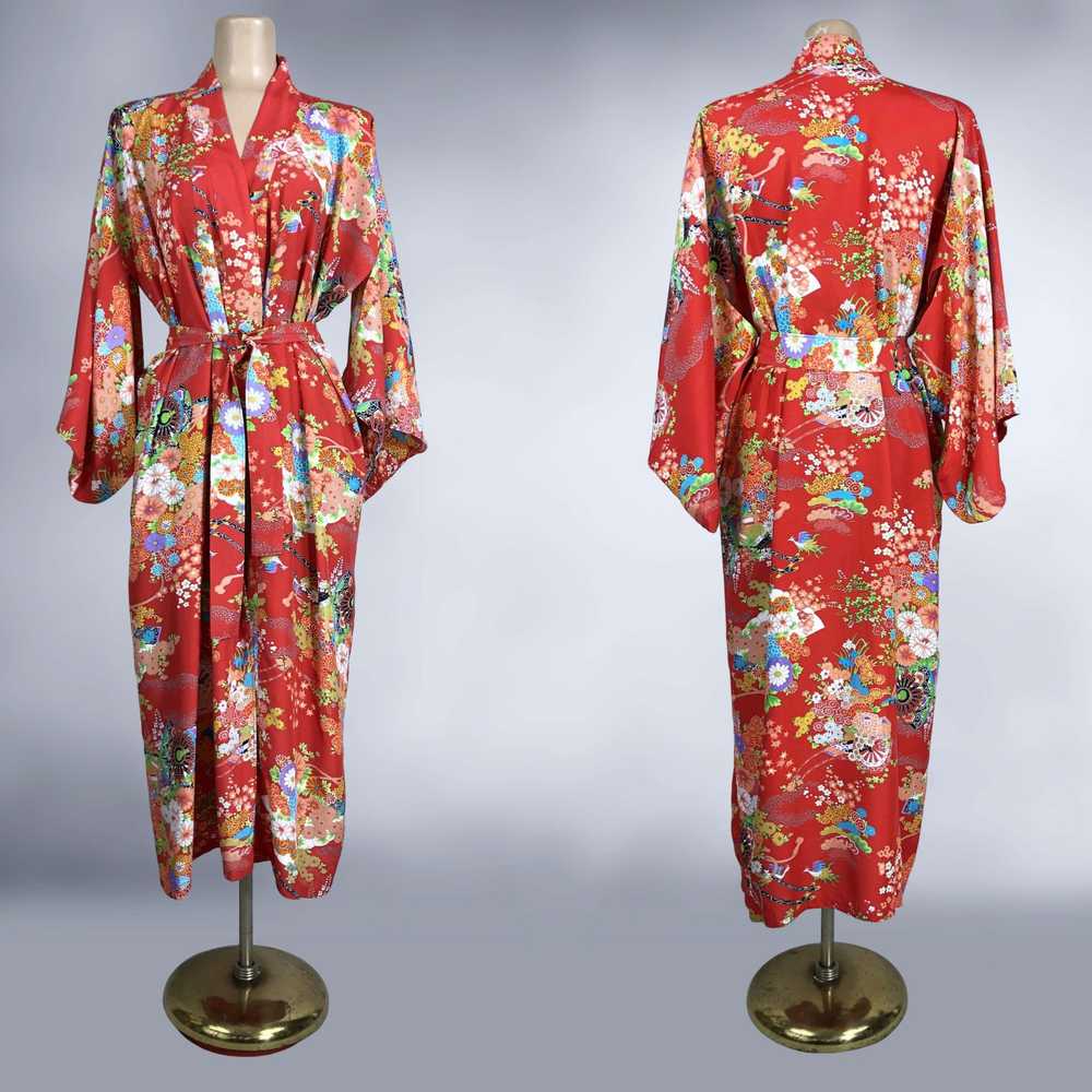 70s Vintage Bold Red Rayon Japanese Kimono Robe w… - image 4