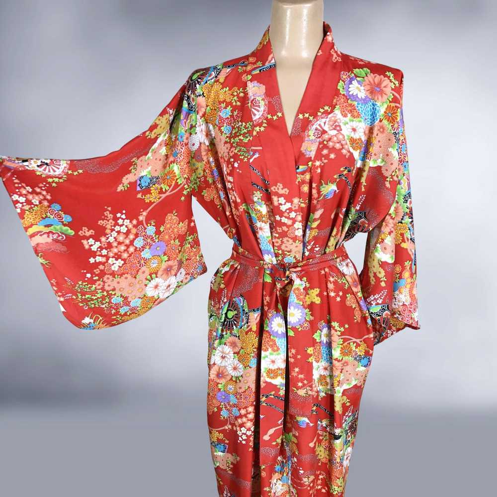 70s Vintage Bold Red Rayon Japanese Kimono Robe w… - image 5