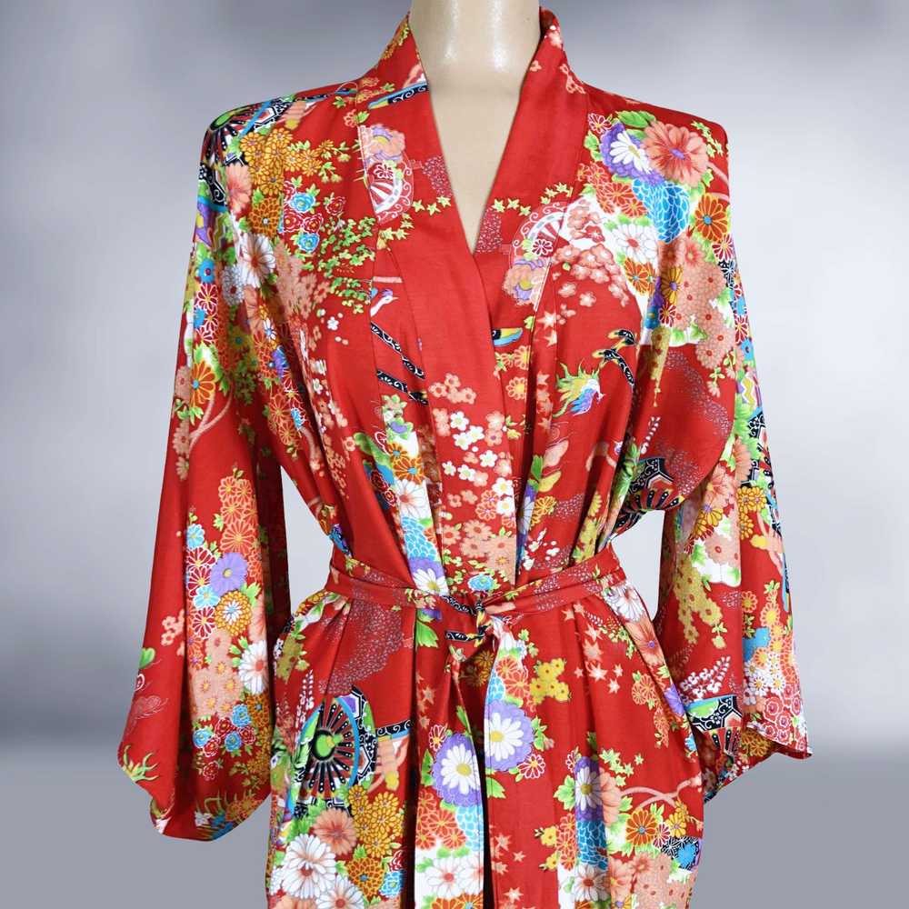 70s Vintage Bold Red Rayon Japanese Kimono Robe w… - image 6