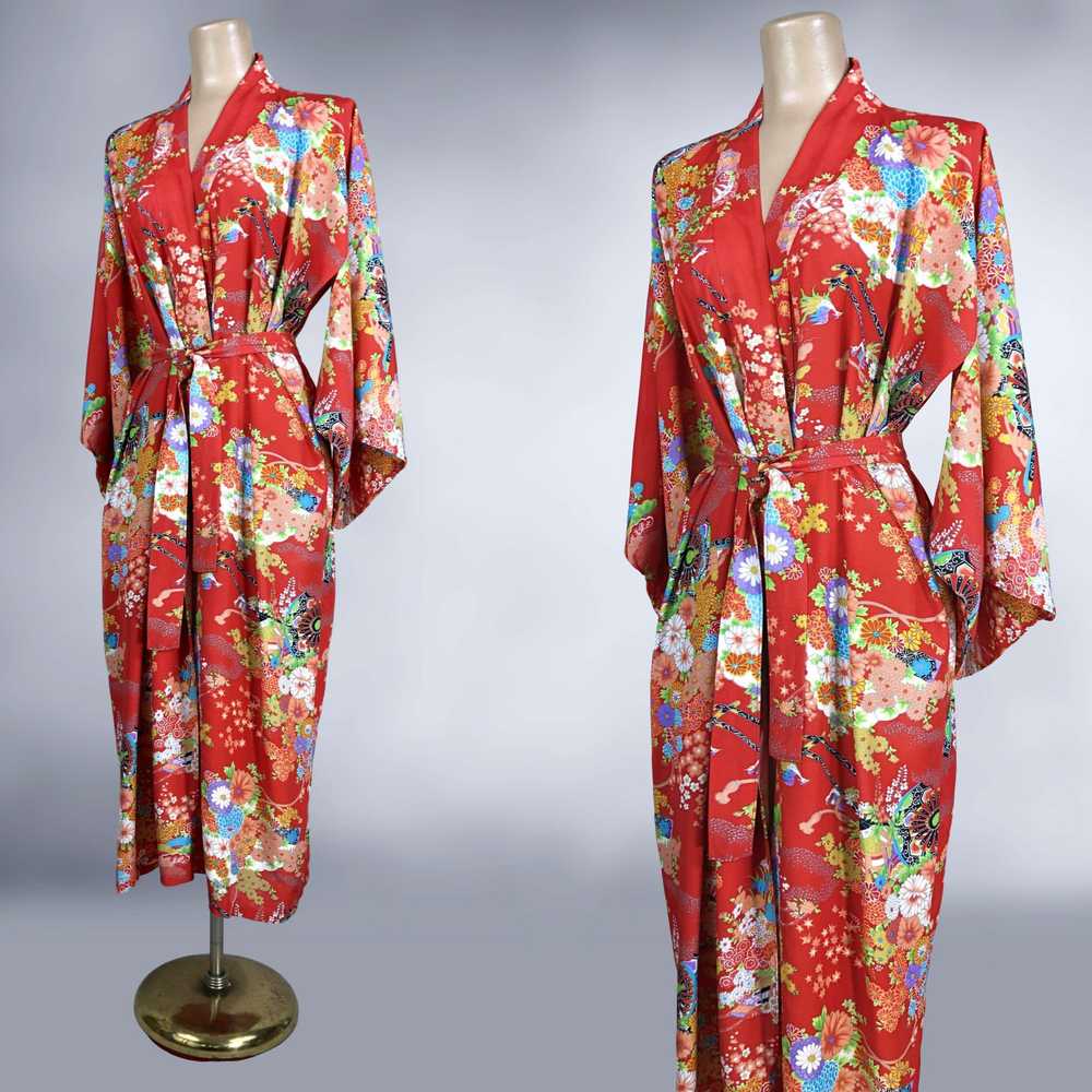 70s Vintage Bold Red Rayon Japanese Kimono Robe w… - image 7