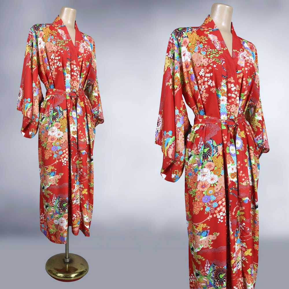 70s Vintage Bold Red Rayon Japanese Kimono Robe w… - image 8