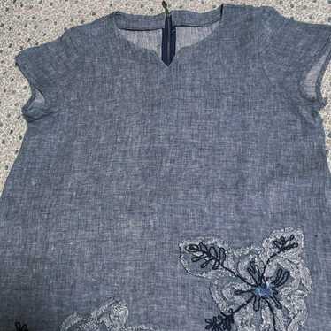 Tobel Grey Linen Floral Embroidery Short-Sleeved … - image 1