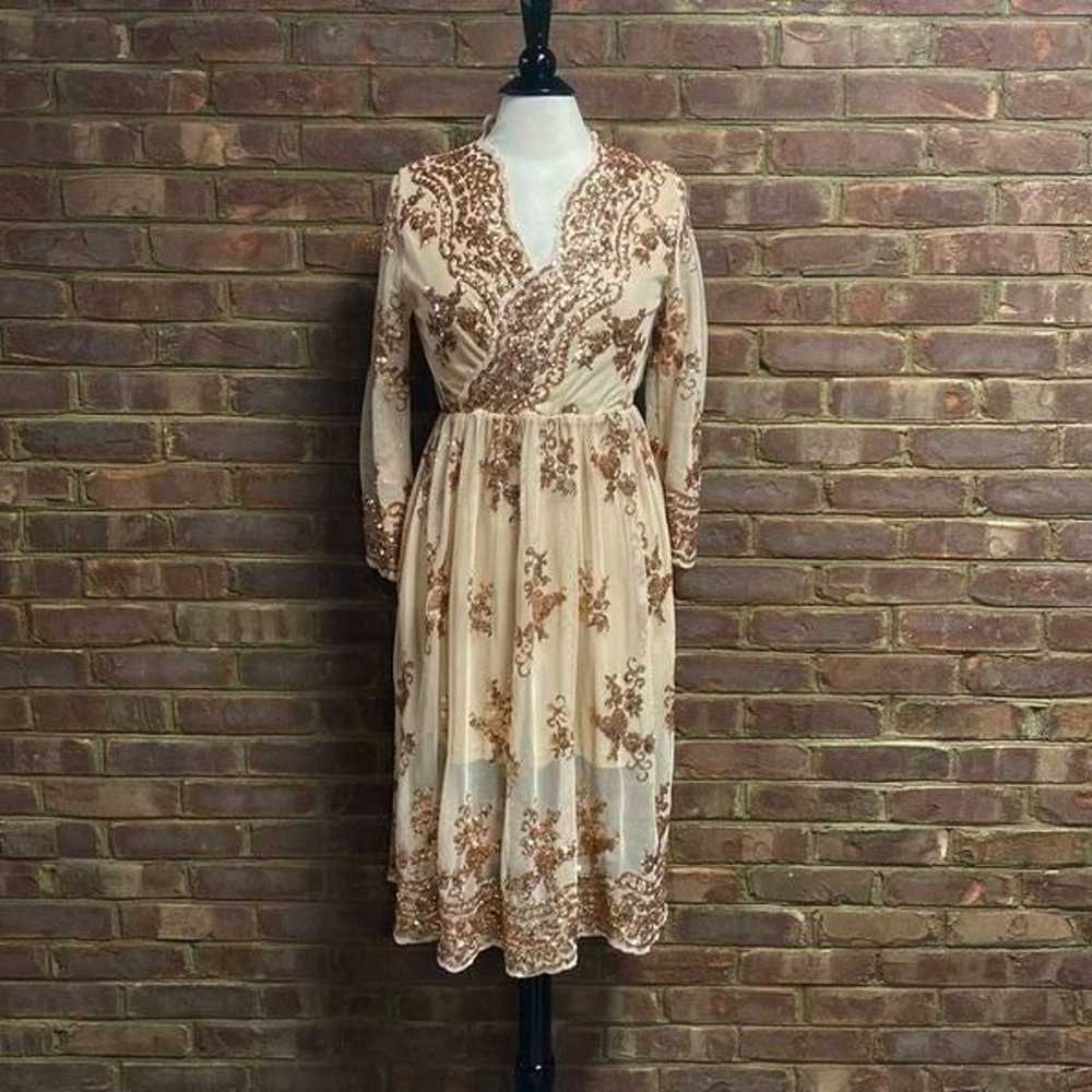 Tan & Bronze Sequin V-Neck Full Skirt Dress NEW - image 2